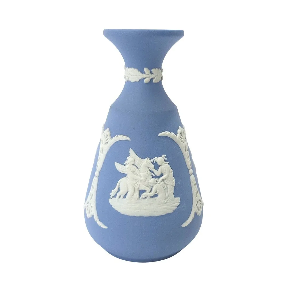 Vintage 60s Wedgwood Jasperware Blue Bud Vase Neoclassical Scene Made in England